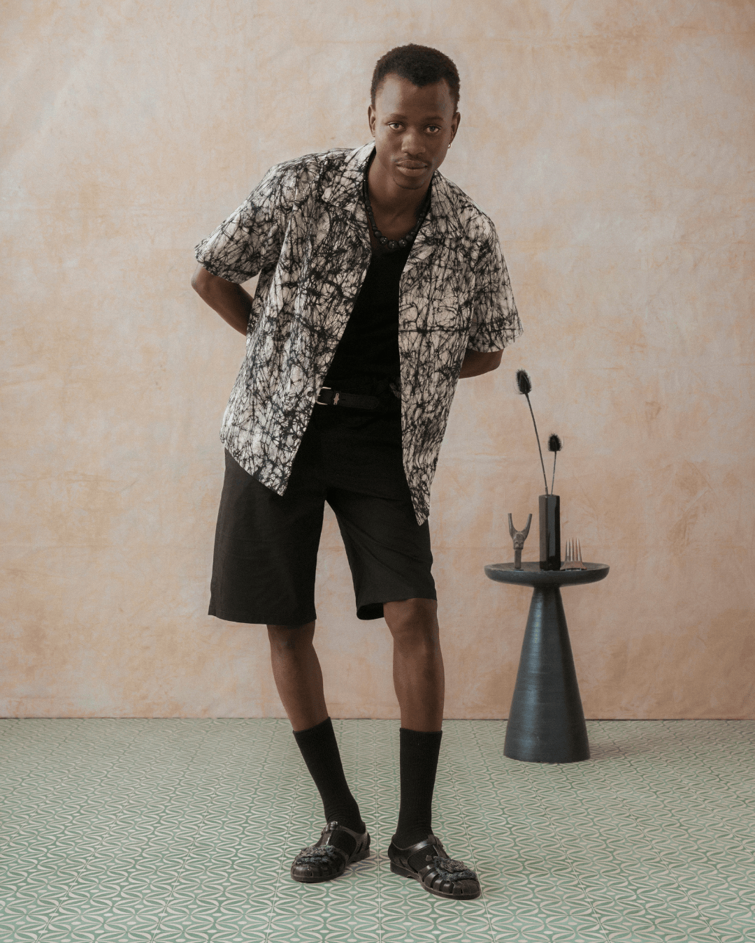 Batik Cuban Shirt - White/ Black Marble