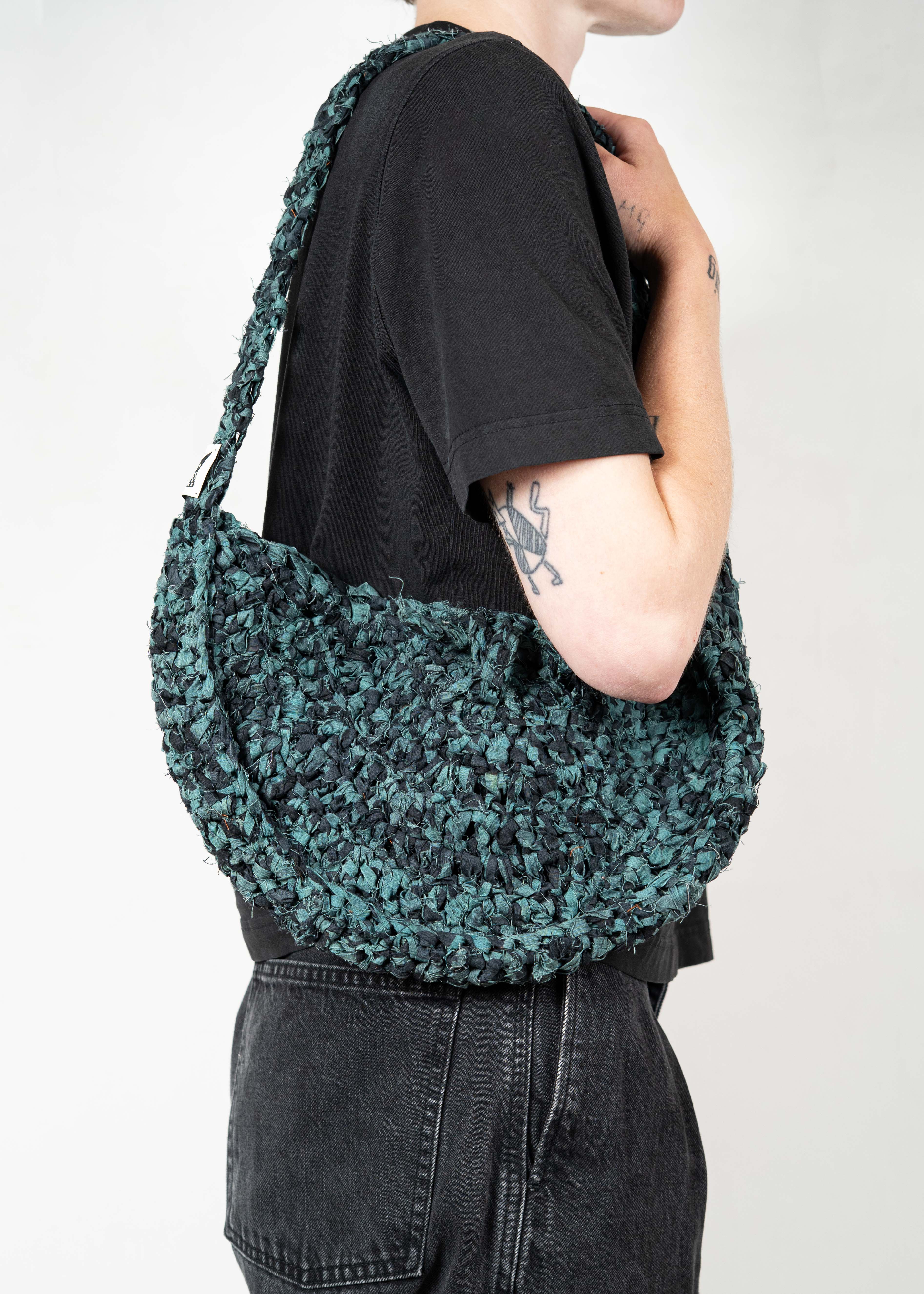 Half Moon Crochet Shoulder/ Crossbody Bag - Teal/ Black