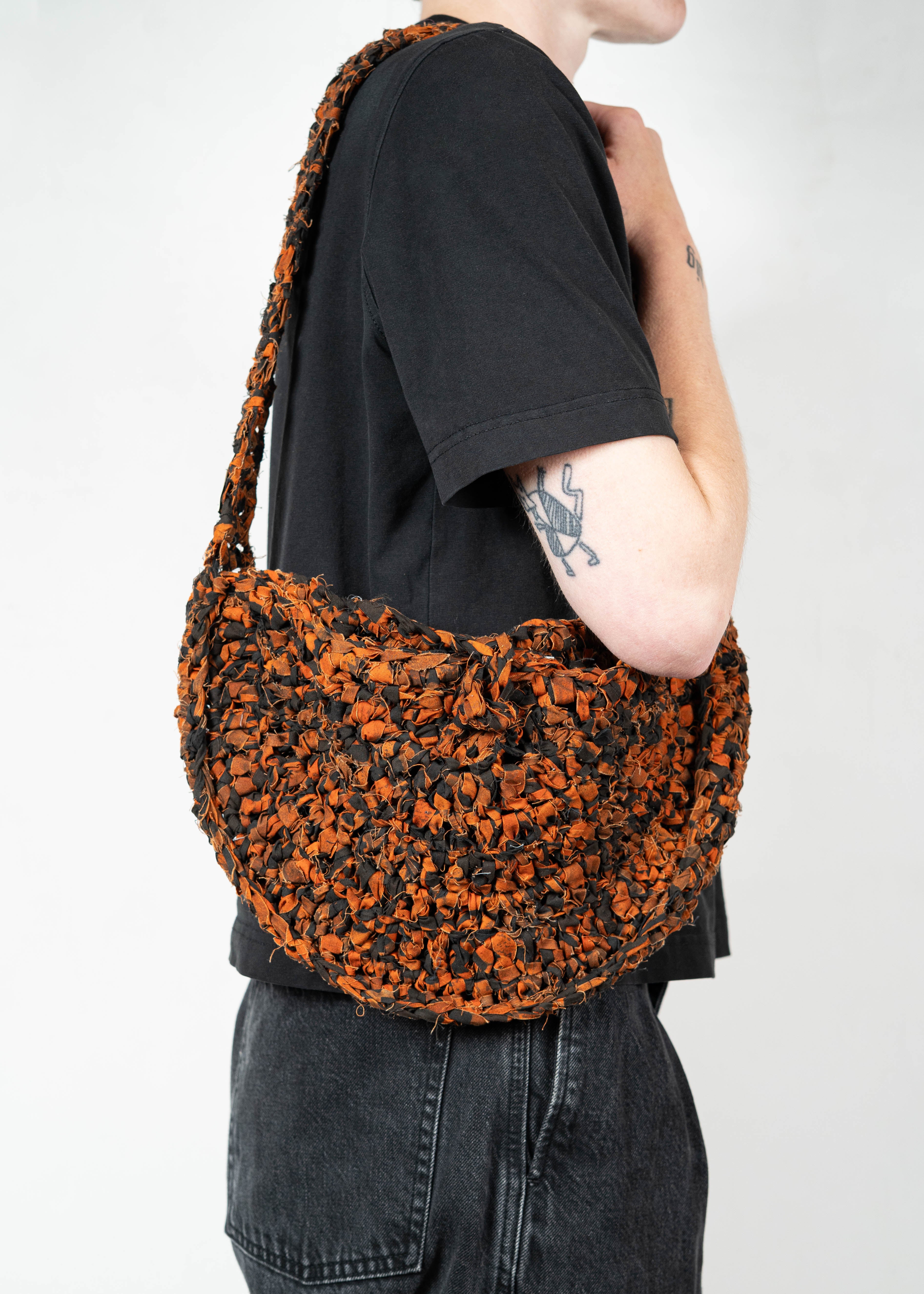 Half Moon Crochet Shoulder/ Crossbody Bag - Orange/ Black