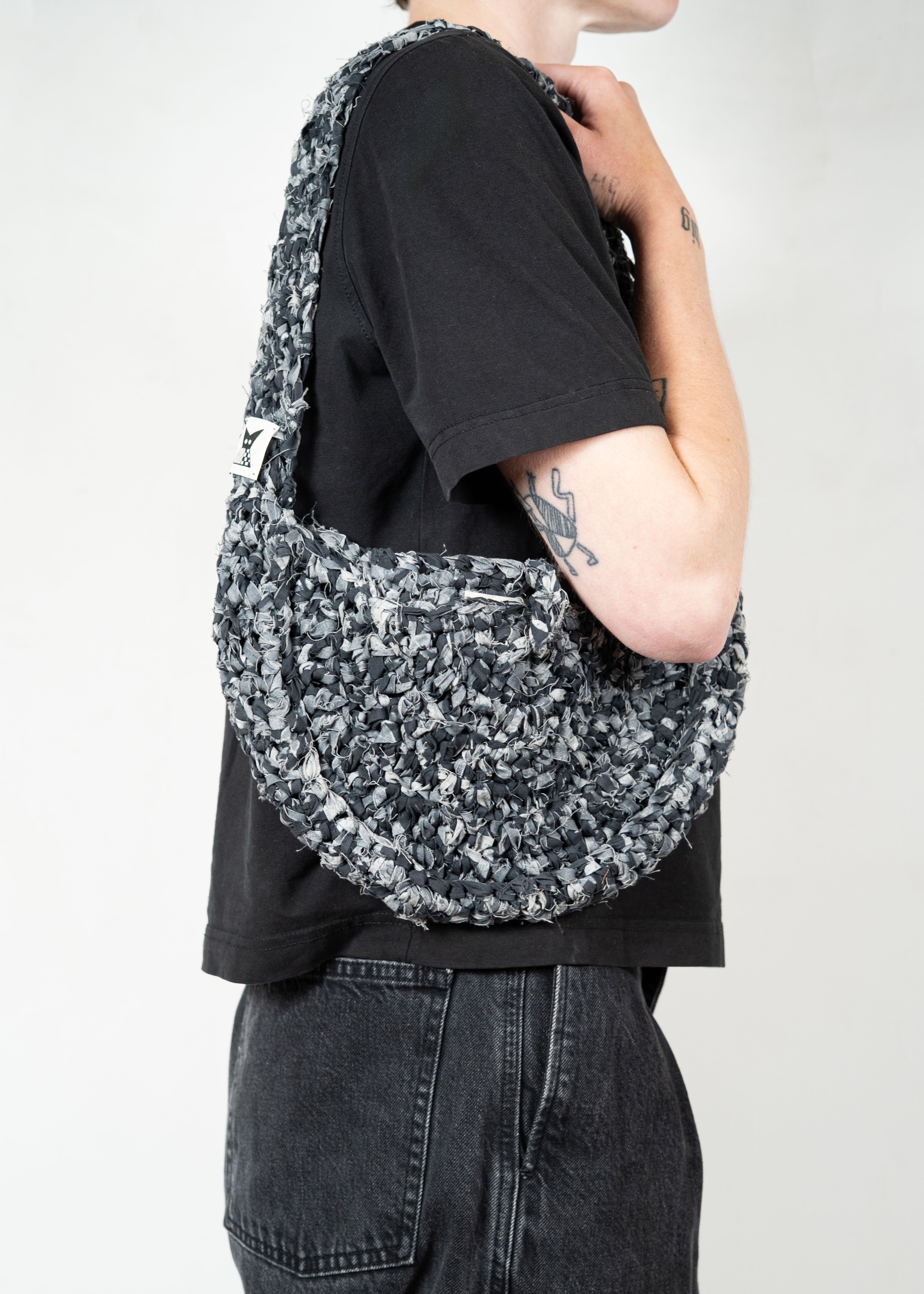 Half Moon Crochet Shoulder/ Crossbody Bag - Grey/ Black