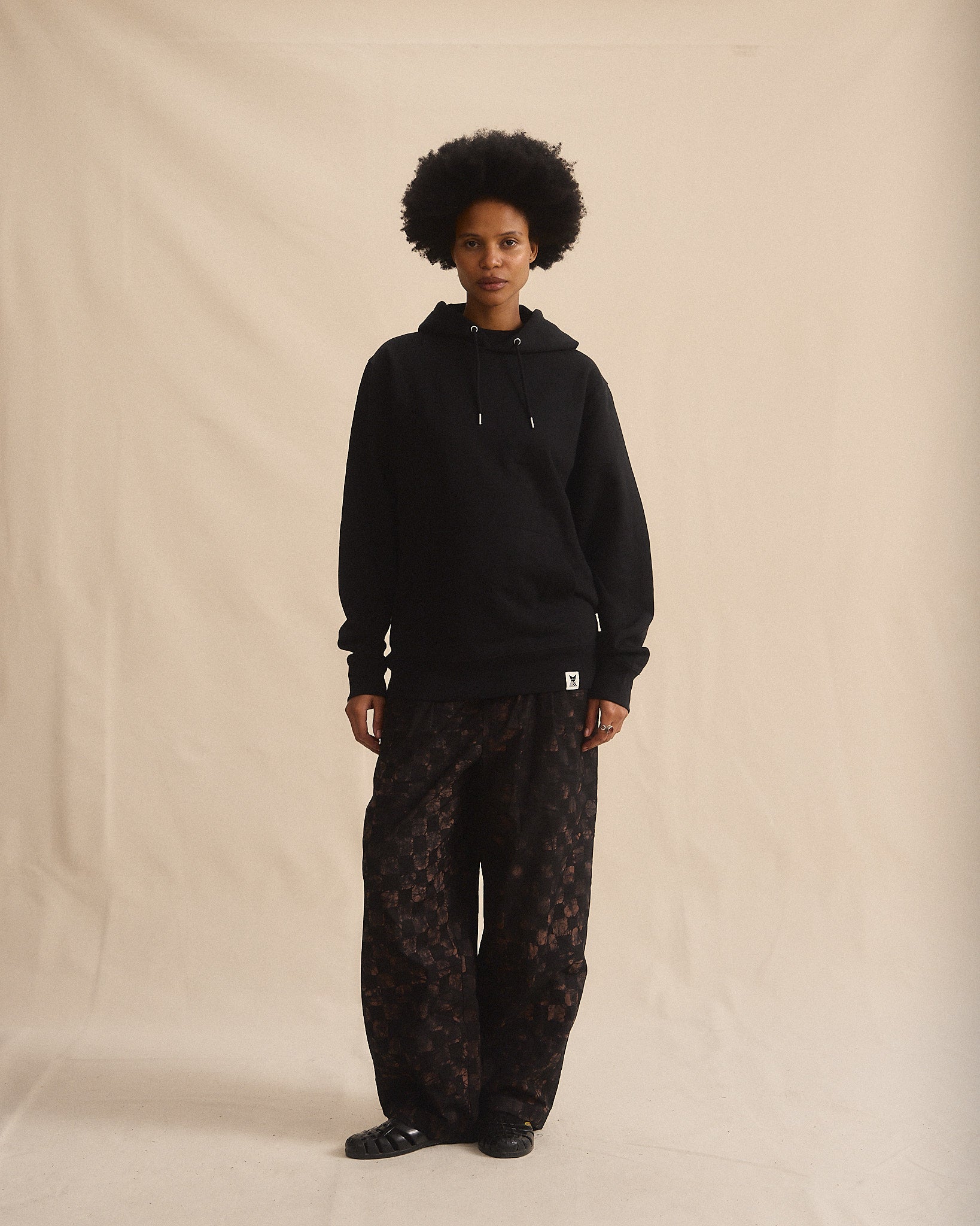 Batik Back Patch Hoodie -  Black w/ Black/ Brown Check