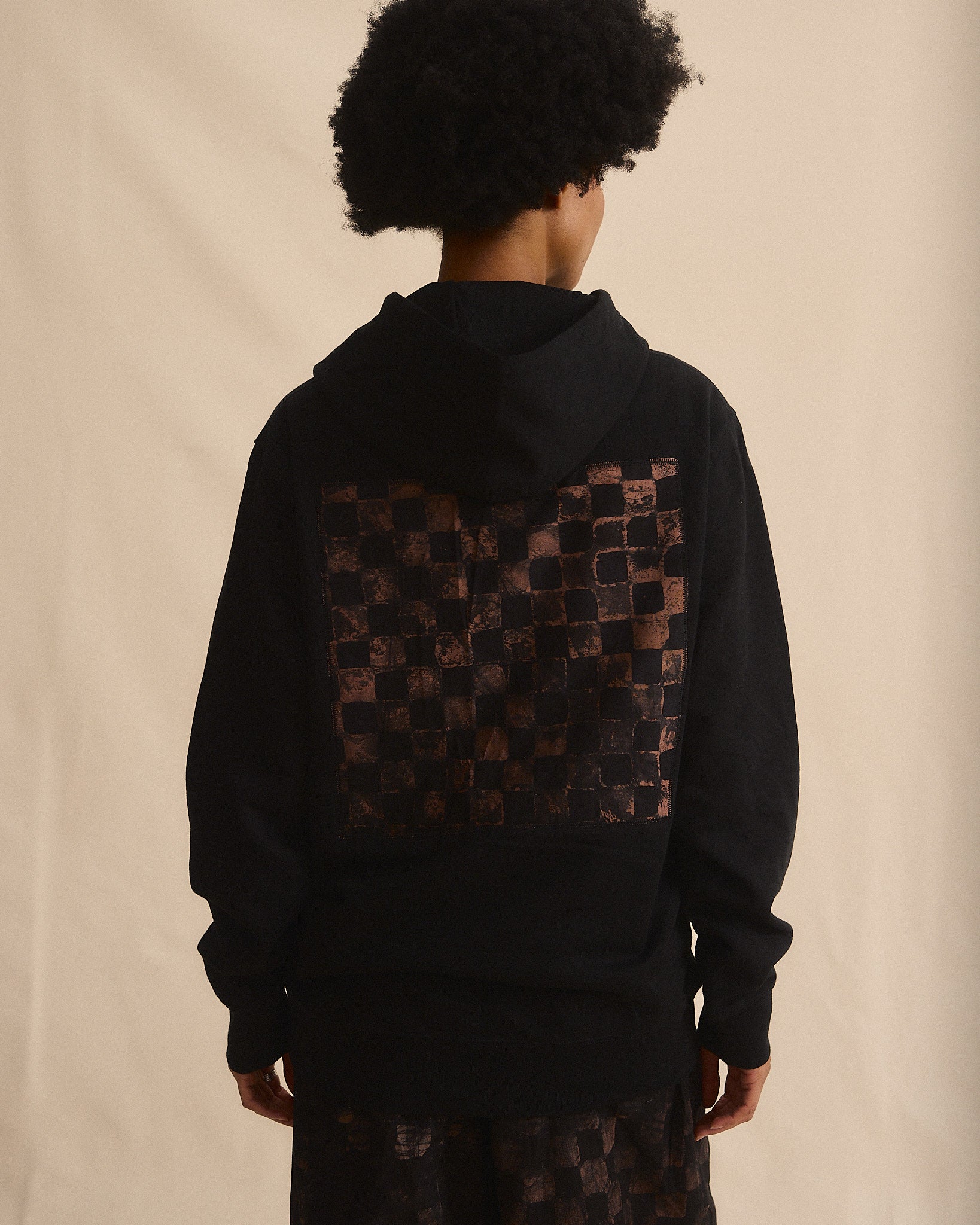 Batik Back Patch Hoodie -  Black w/ Black/ Brown Check