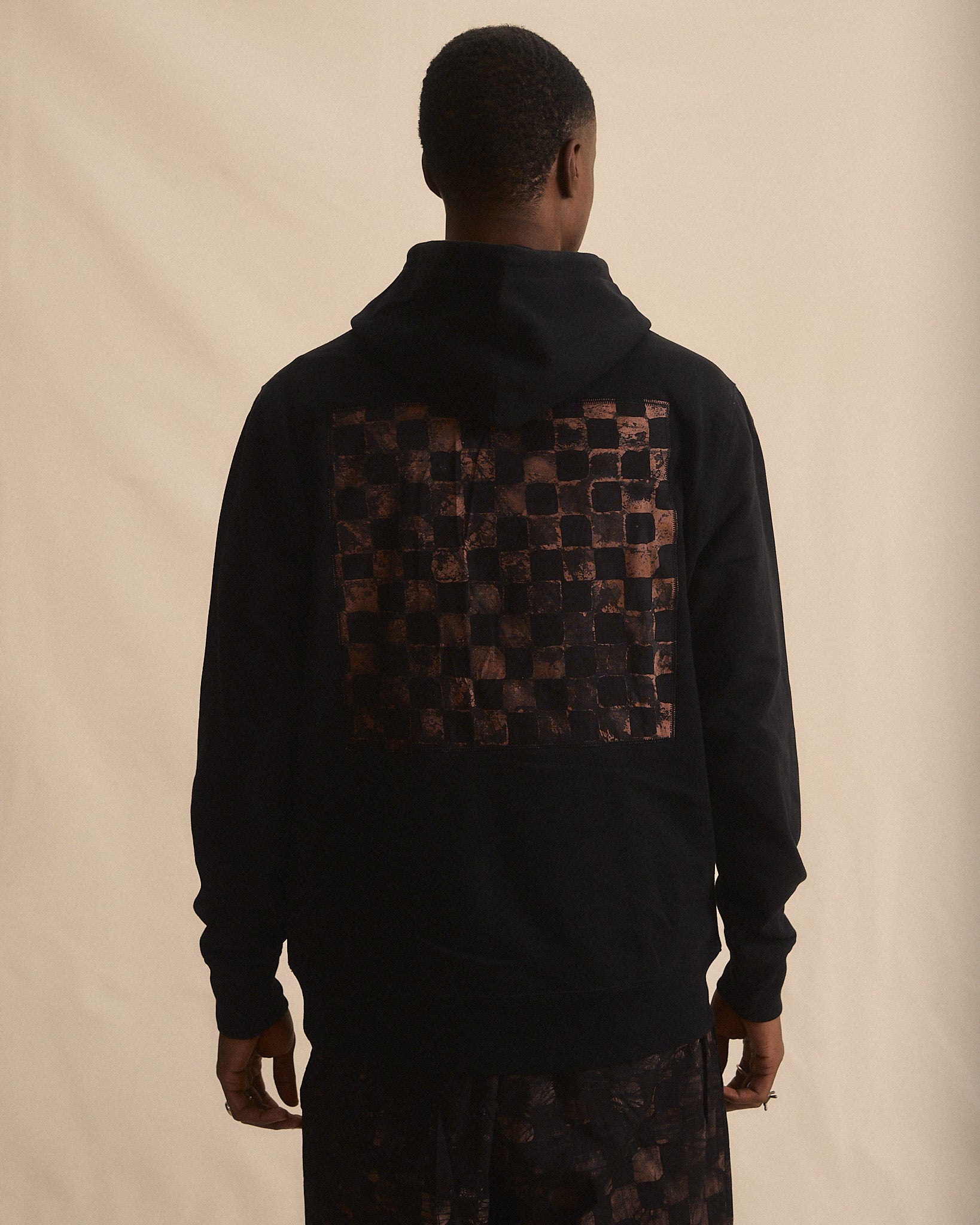 Batik Back Patch Hoodie -  Black w/ Black/ Brown Check