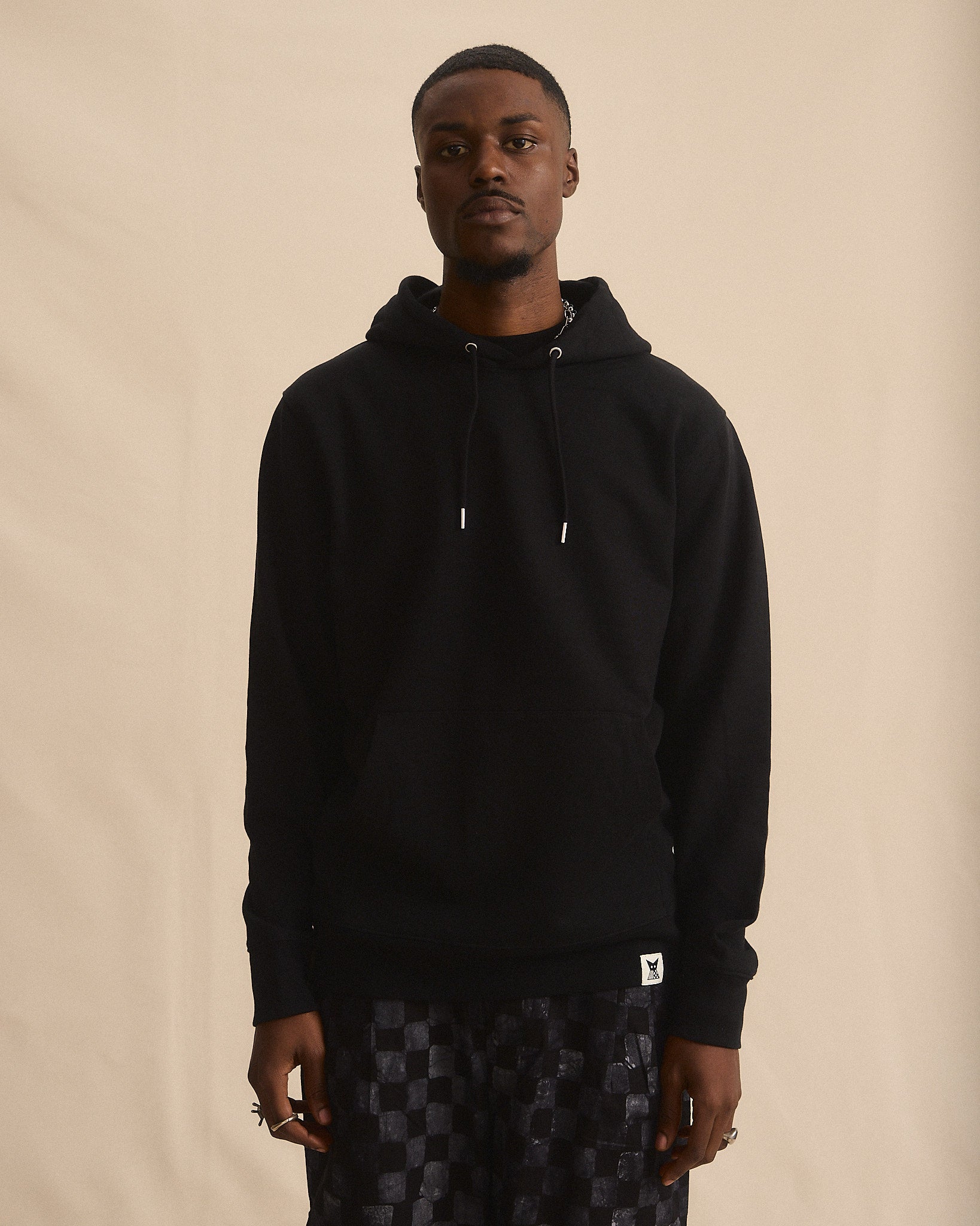Batik Back Patch Hoodie -  Black w/ Black/ Grey Check