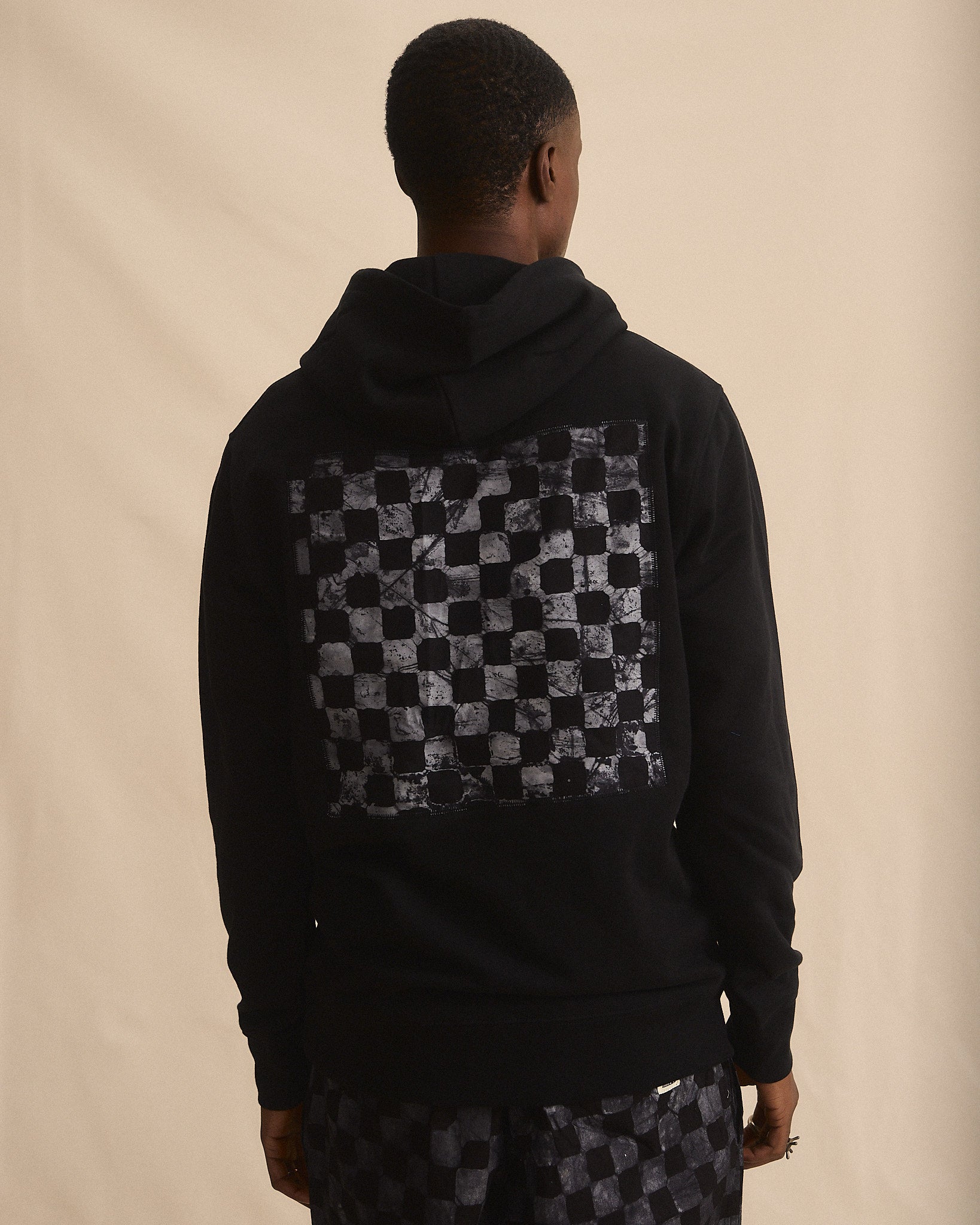 Batik Back Patch Hoodie -  Black w/ Black/ Grey Check
