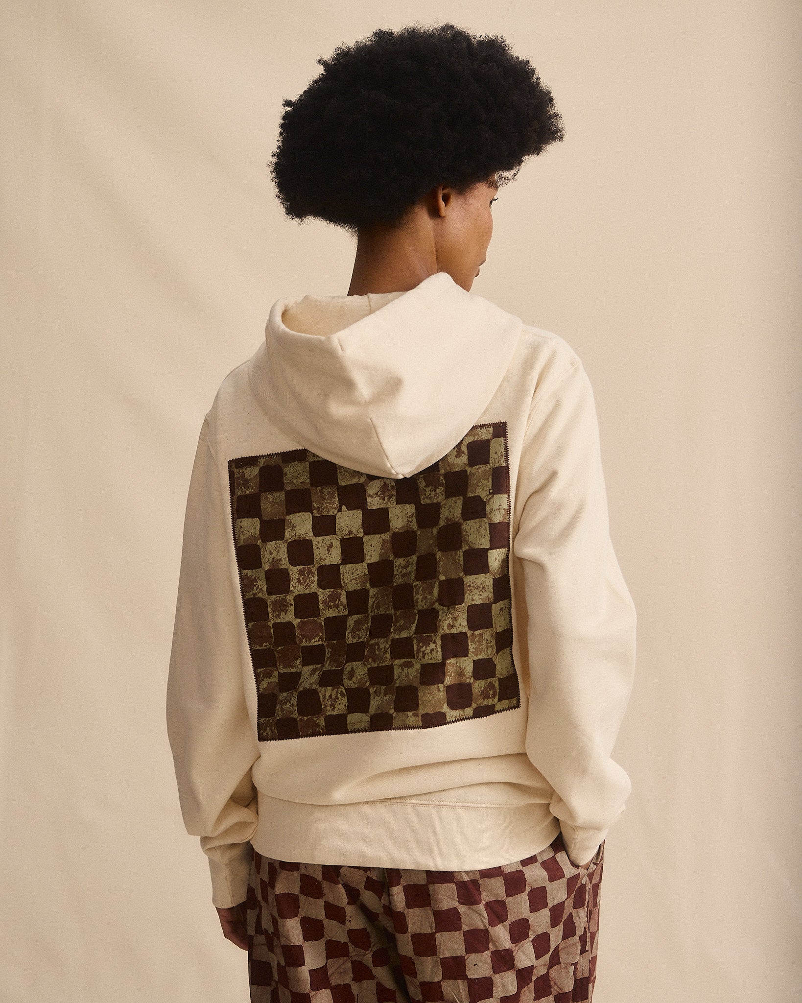 Batik Back Patch Hoodie - Raw Cotton w/ Brown/ Beige Check
