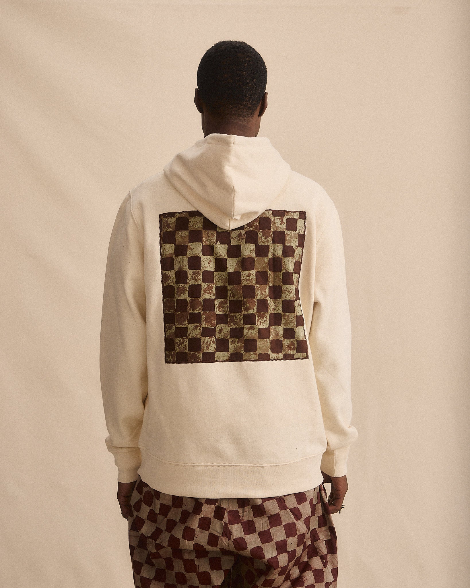 Batik Back Patch Hoodie - Raw Cotton w/ Brown/ Beige Check