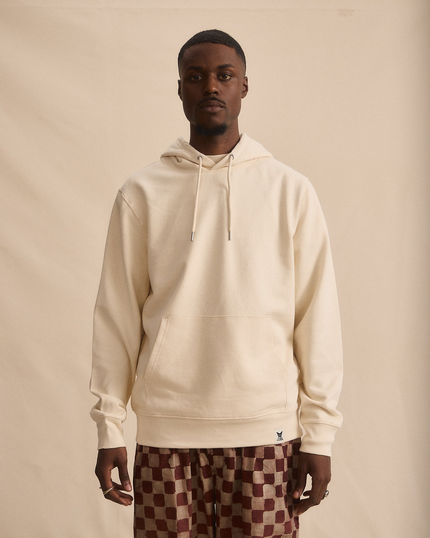 Batik Back Patch Hoodie - Raw Cotton w/ Brown/ Beige Check