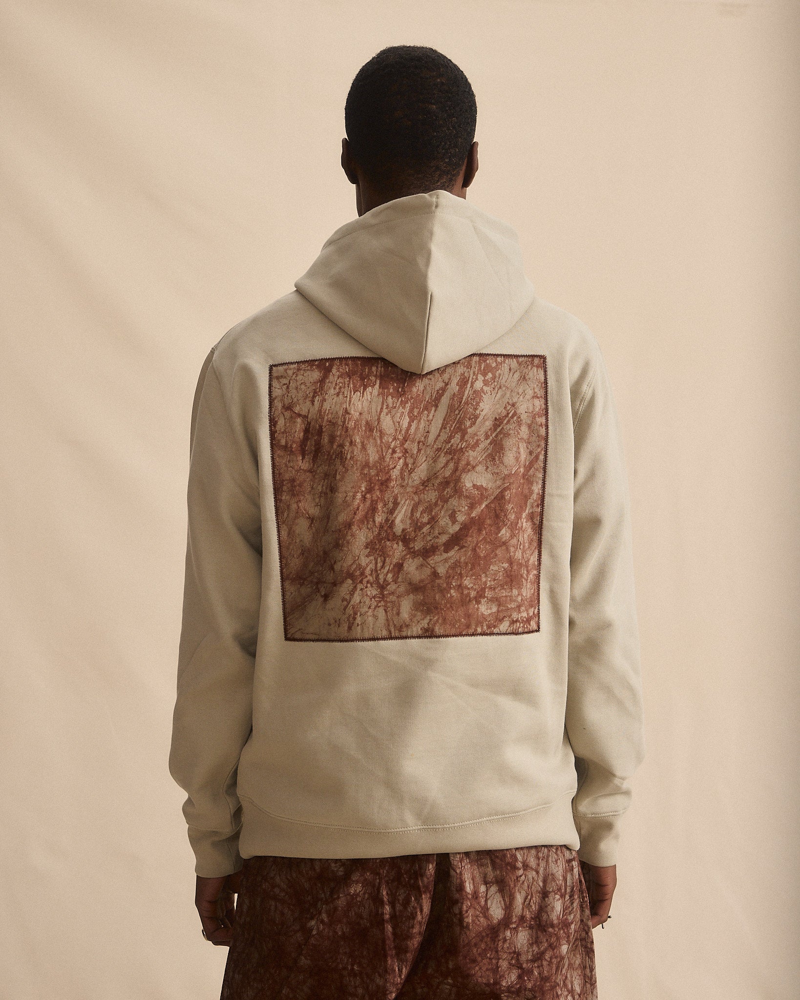 Batik Back Patch Hoodie - Stone w/ Brown/ Beige Marble