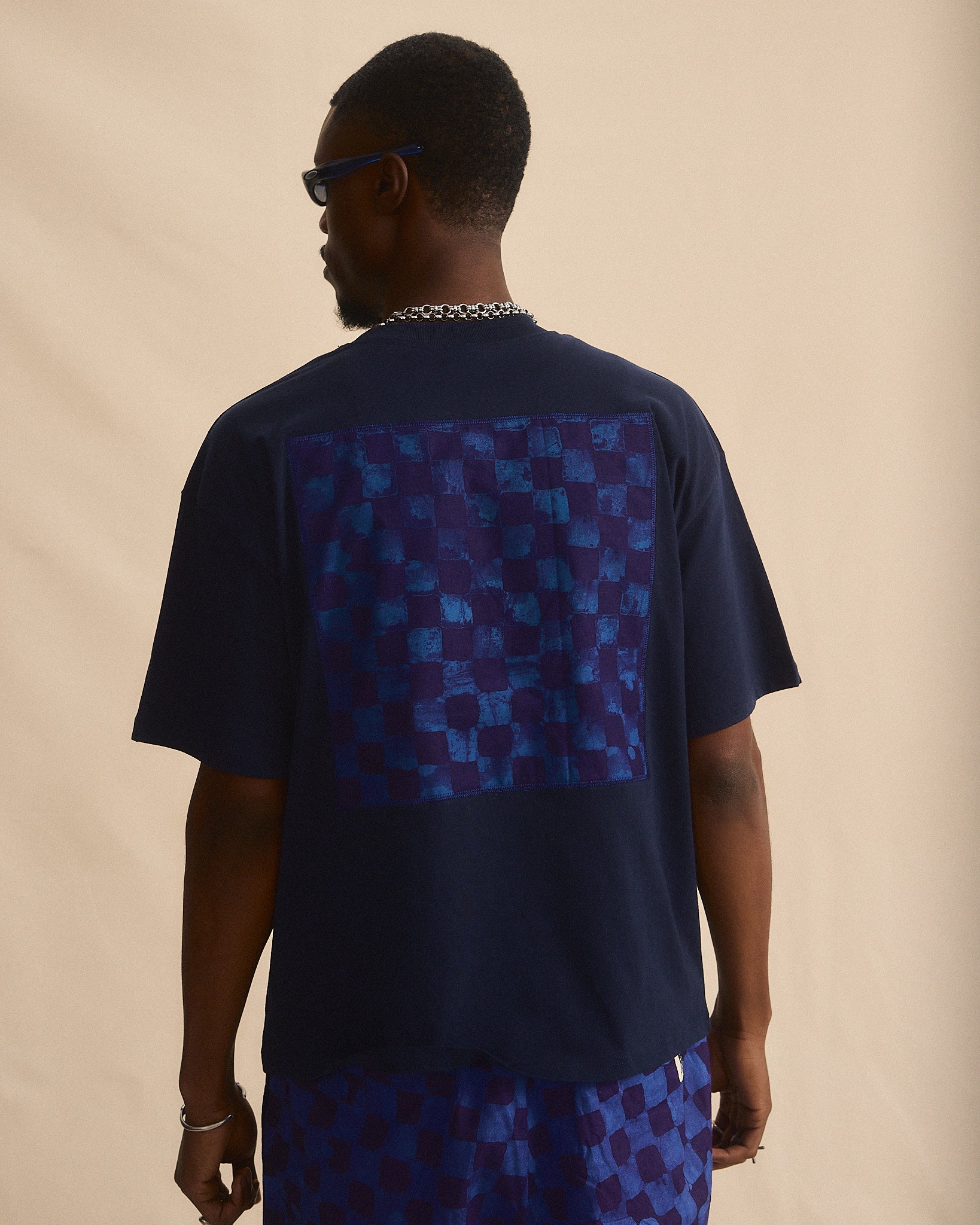 Batik Back Patch T-Shirt - French Blue w/ Blue/Purple Check