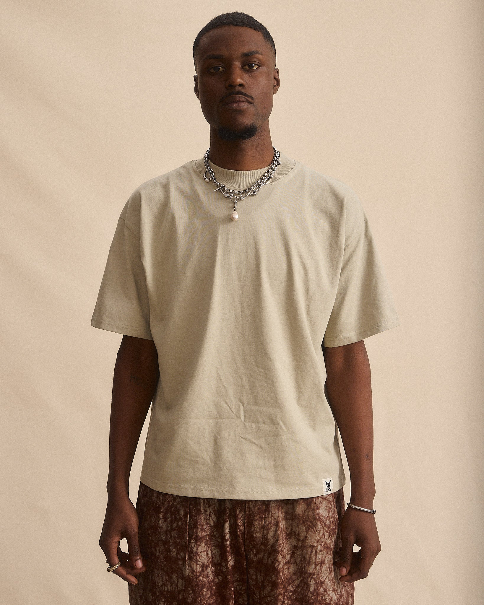 Batik Back Patch T-Shirt - Stone w/ Brown/ Beige Marble