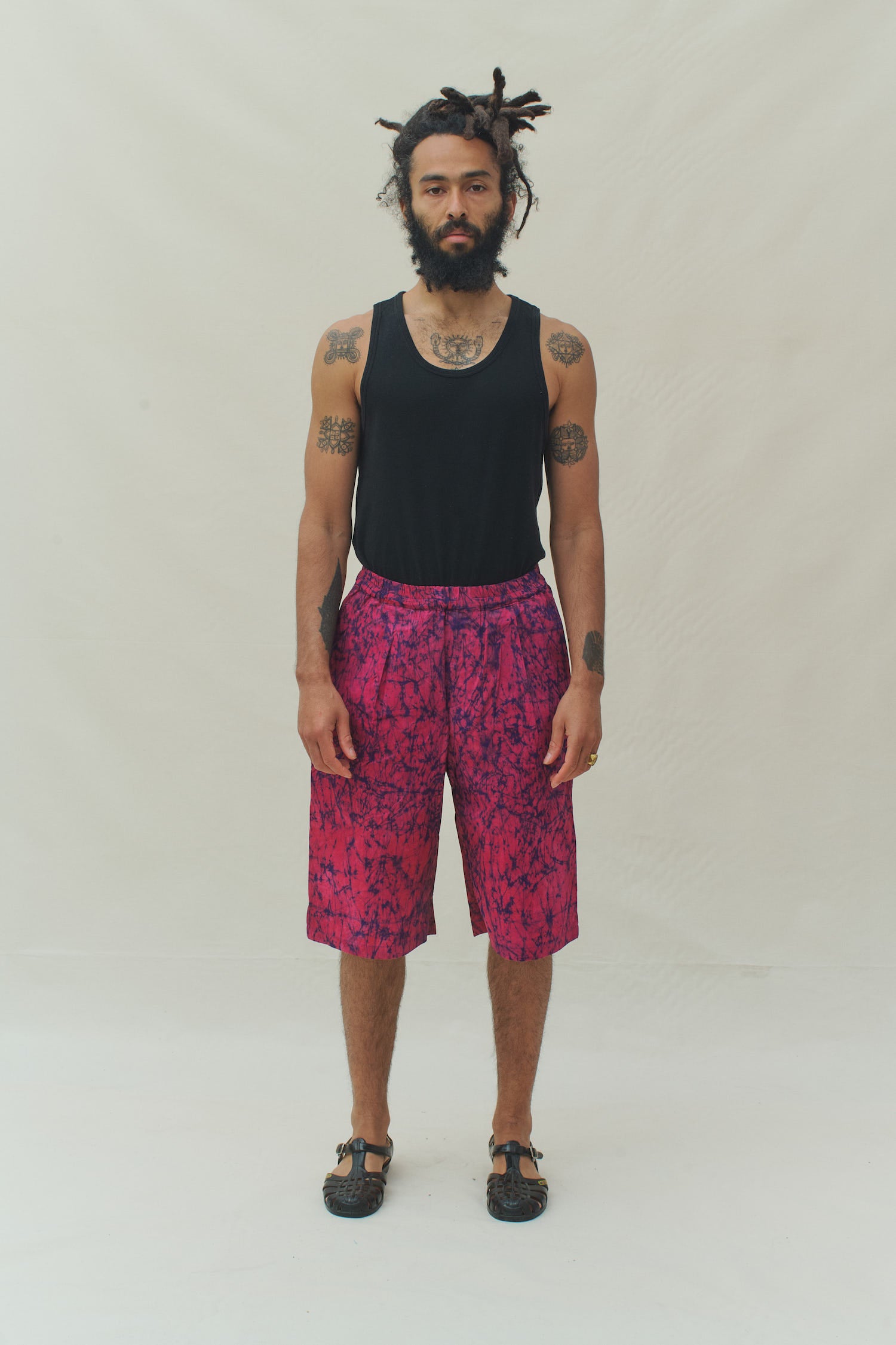 Batik Wide Leg Shorts - Cerise/ Blue Marble