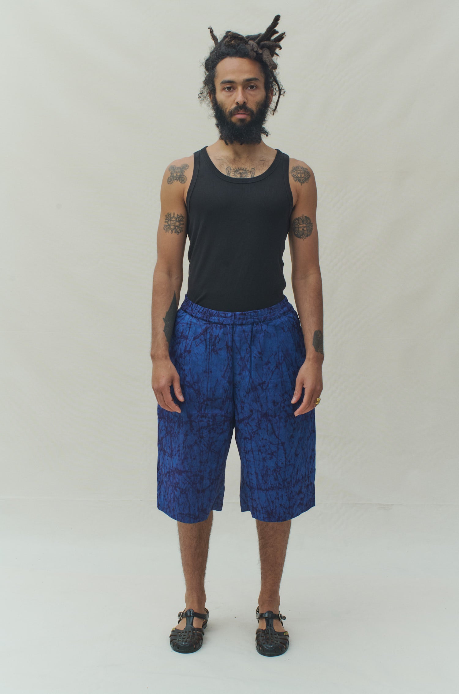 Batik Wide Leg Shorts - Blue/ Dark Blue Marble