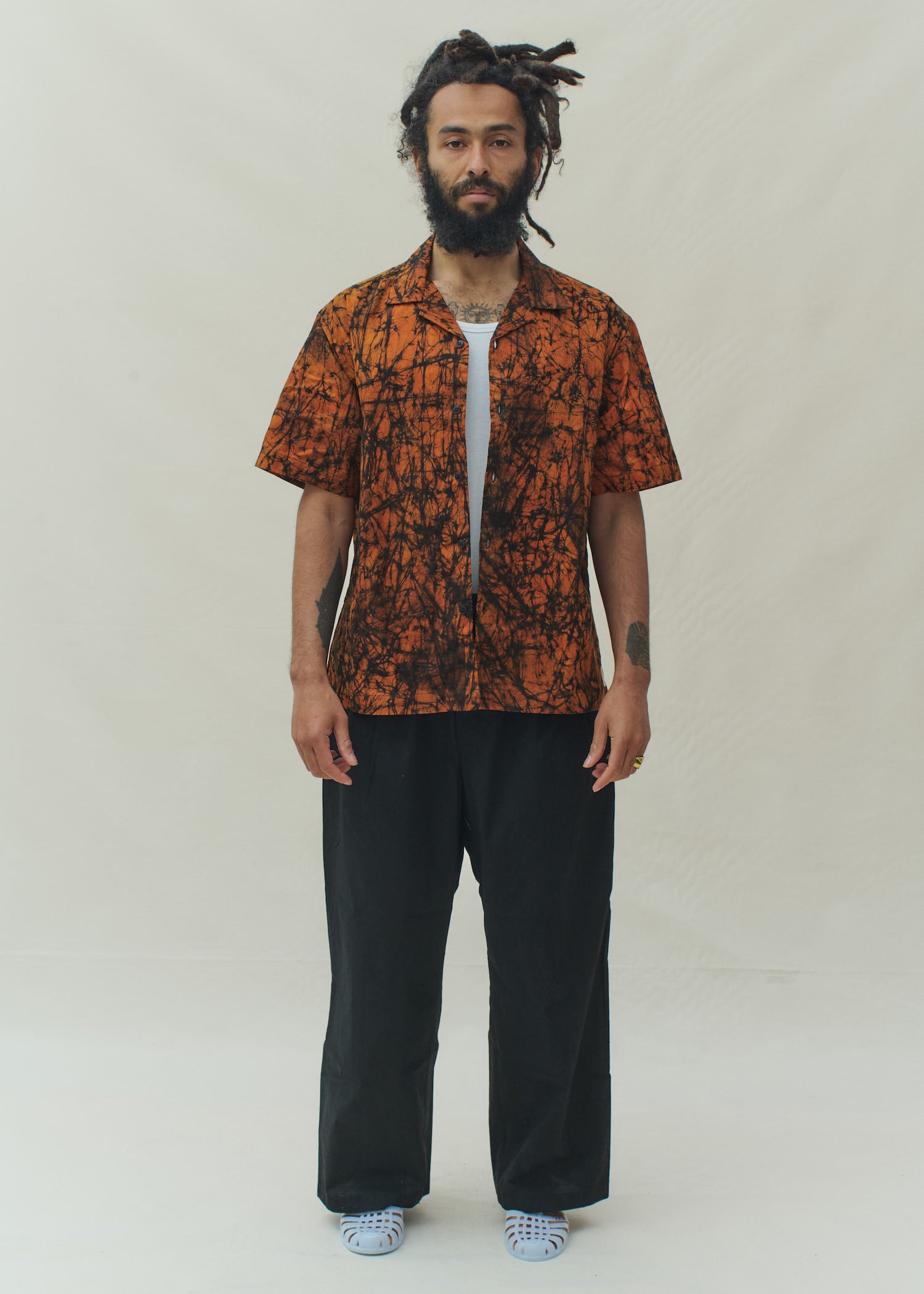 Batik Cuban Shirt - Orange/ Black Marble