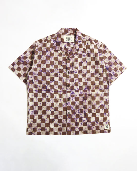 Batik Cuban Shirt - Brown Check/ Purple Marble