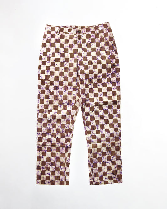 Batik Straight Pant - Brown Check/ Purple Marble